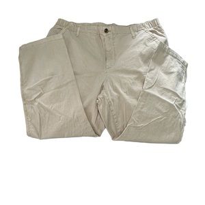 Khaki chinos, Distressed, elastic waist. 27” inseam